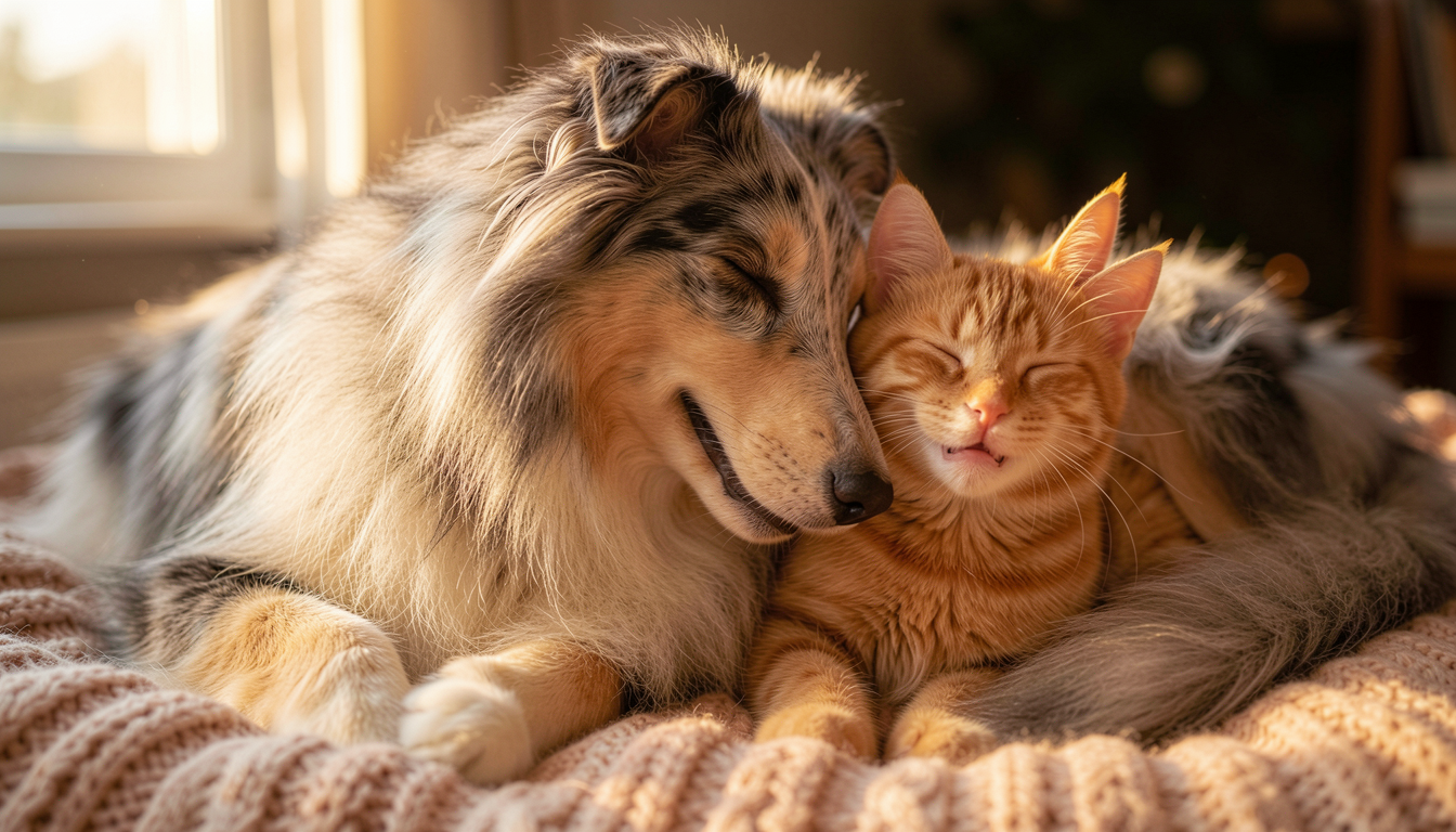 Collie y gato acurrucados